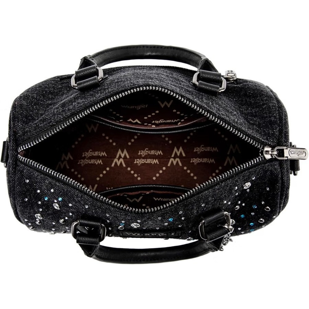 Montana West Wrangler Rhinestone Denim Barrel Bag Crossbody Satchel Purse Black - Picture 5 of 8